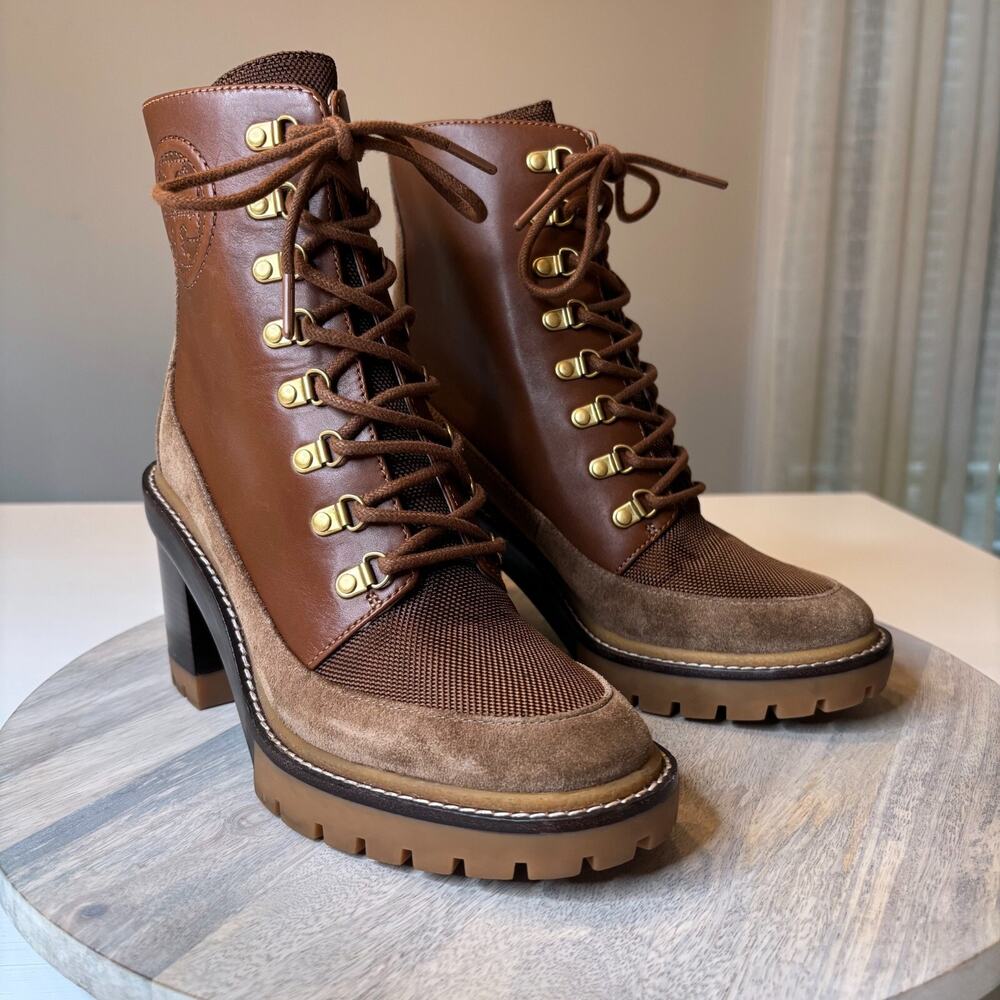 Tory Burch Miller Brown Suede Leather Lug Sole Boots Combat Boots US Size 7.5